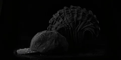 Un chapeau et un autre objet sombre sur fond noir.