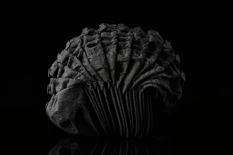 Pain noir sculptural avec texture complexe sur fond noir.