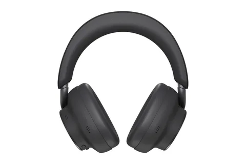 Casque audio sans fil noir, sur fond blanc.