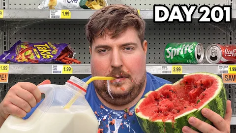 Homme mange pastèque avec lait et snacks abandonnés, texte 'DAY 201' en haut.