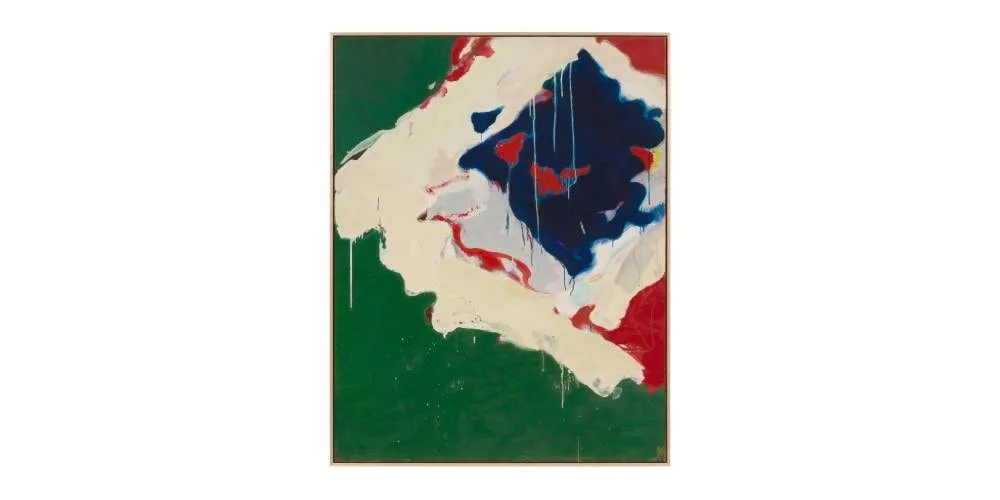 Peinture abstraite avec formes et couleurs vives sur fond vert.