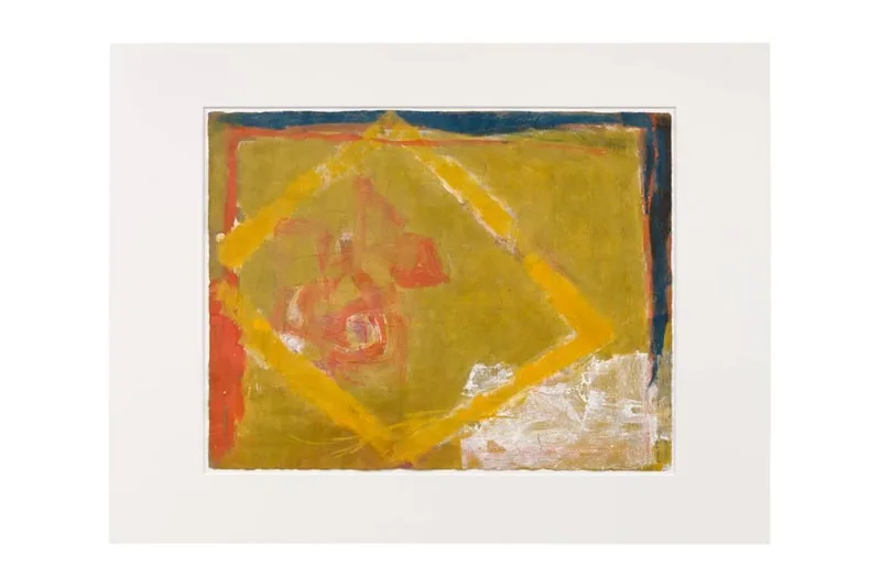 Peinture abstraite avec formes géométriques colorées.