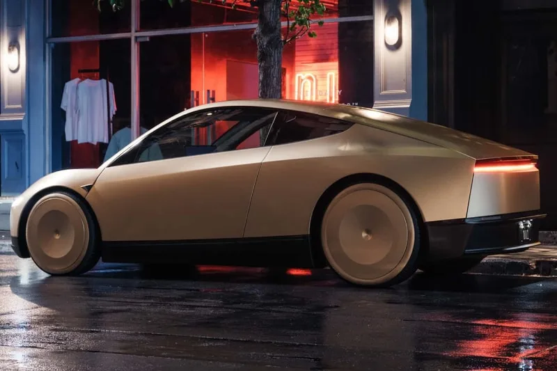Voiture futuriste bronzée sur une rue humide la nuit