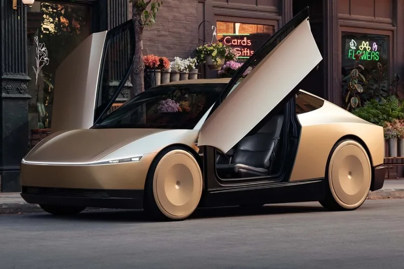 Voiture futuriste aux portes en élytre devant un magasin.