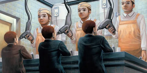 Homme devant miroir, reflet en fast-food, perceuse à la main.