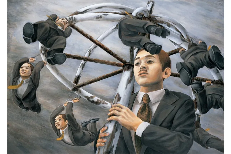 Homme en costume sur une roue avec copies de lui-même, style surréaliste.