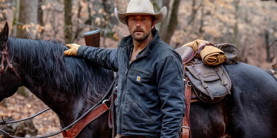 Homme avec chapeau de cowboy et cheval en forêt automnale.