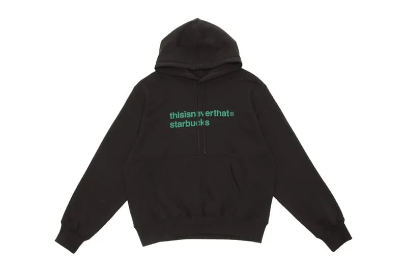 Sweat à capuche noir 'thisisneverthat x Starbucks', texte vert, manches longues.