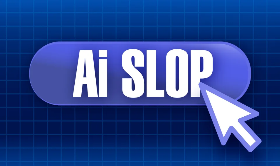 Bouton bleu avec texte Ai SLOP et curseur de souris.