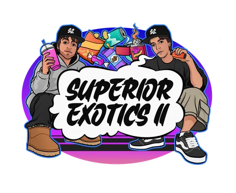 Deux personnes avec boissons et nourriture, texte 'Superior Exotics II'