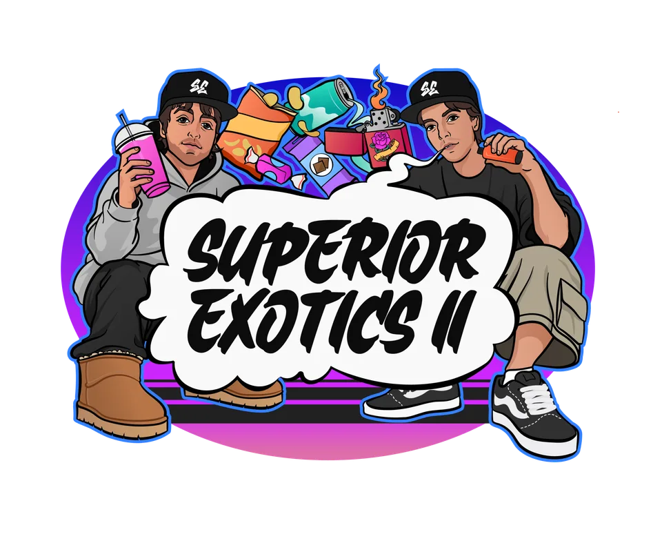 Deux personnes avec boissons et nourriture, texte 'Superior Exotics II'