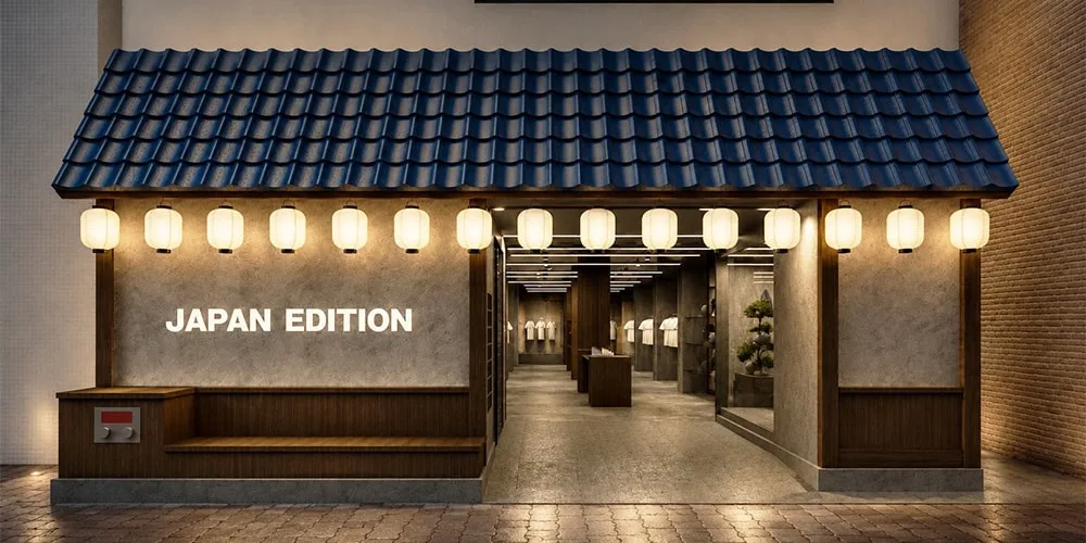 Entrée de bâtiment avec lanternes et toit bleu, texte 'Japan Edition'.