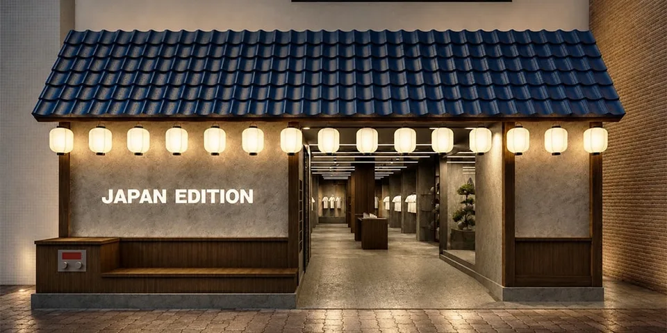 Entrée de bâtiment avec lanternes et toit bleu, texte 'Japan Edition'.