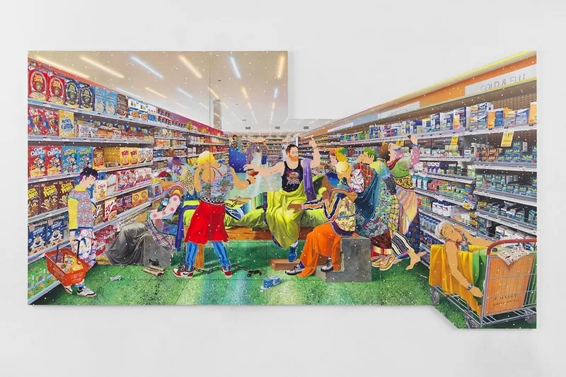 Scène colorée dans un supermarché avec des personnages animés et des panneaux de céréales.