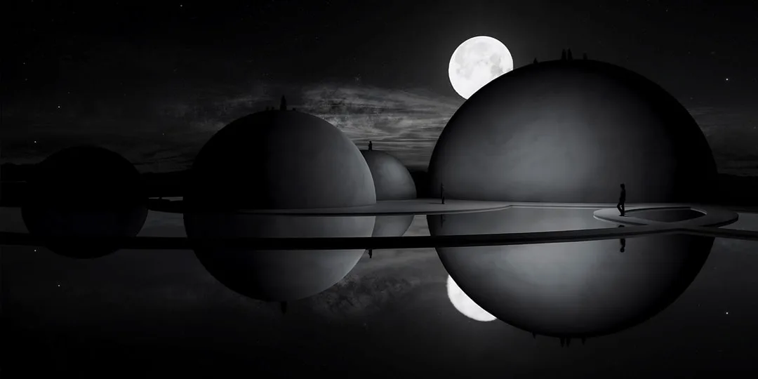 Paysage sombre avec dômes sphériques sous la pleine lune.