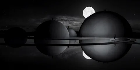 Paysage sombre avec dômes sphériques sous la pleine lune.