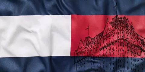 Illustration d'un bâtiment sur fond bleu, blanc et rouge.