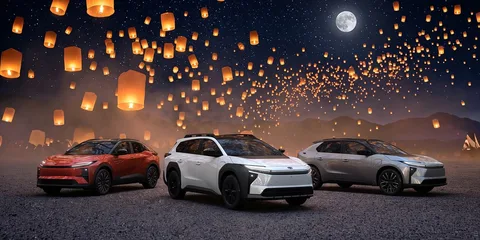 Trois voitures électriques sous une pluie de lanternes, ciel étoilé.