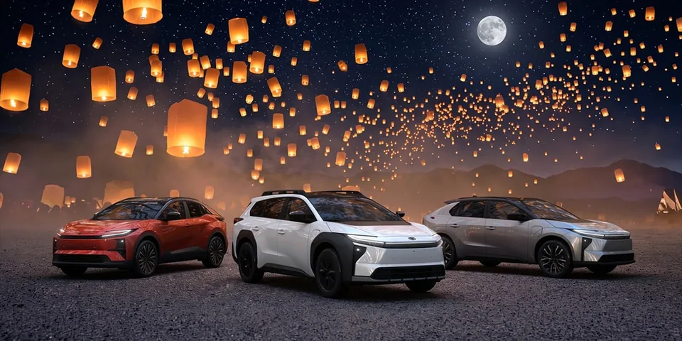 Trois voitures électriques sous une pluie de lanternes, ciel étoilé.
