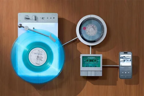 Vinyle, cassette et smartphone connectés en design artistique sur bois.