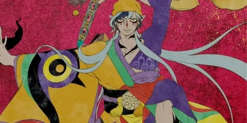 Personnage animé coloré dans une tenue traditionnelle sur fond rouge.