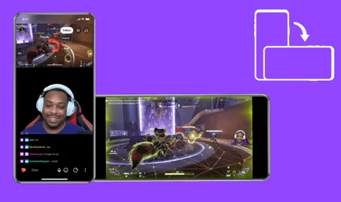 Trois écrans montrant un streaming de jeu vidéo mobile et un chat en direct.