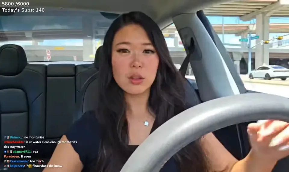 Femme assise dans une voiture avec des commentaires de chat affichés.
