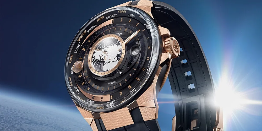 Montre élégante avec globe terrestre, fond spatial et rayons de soleil.