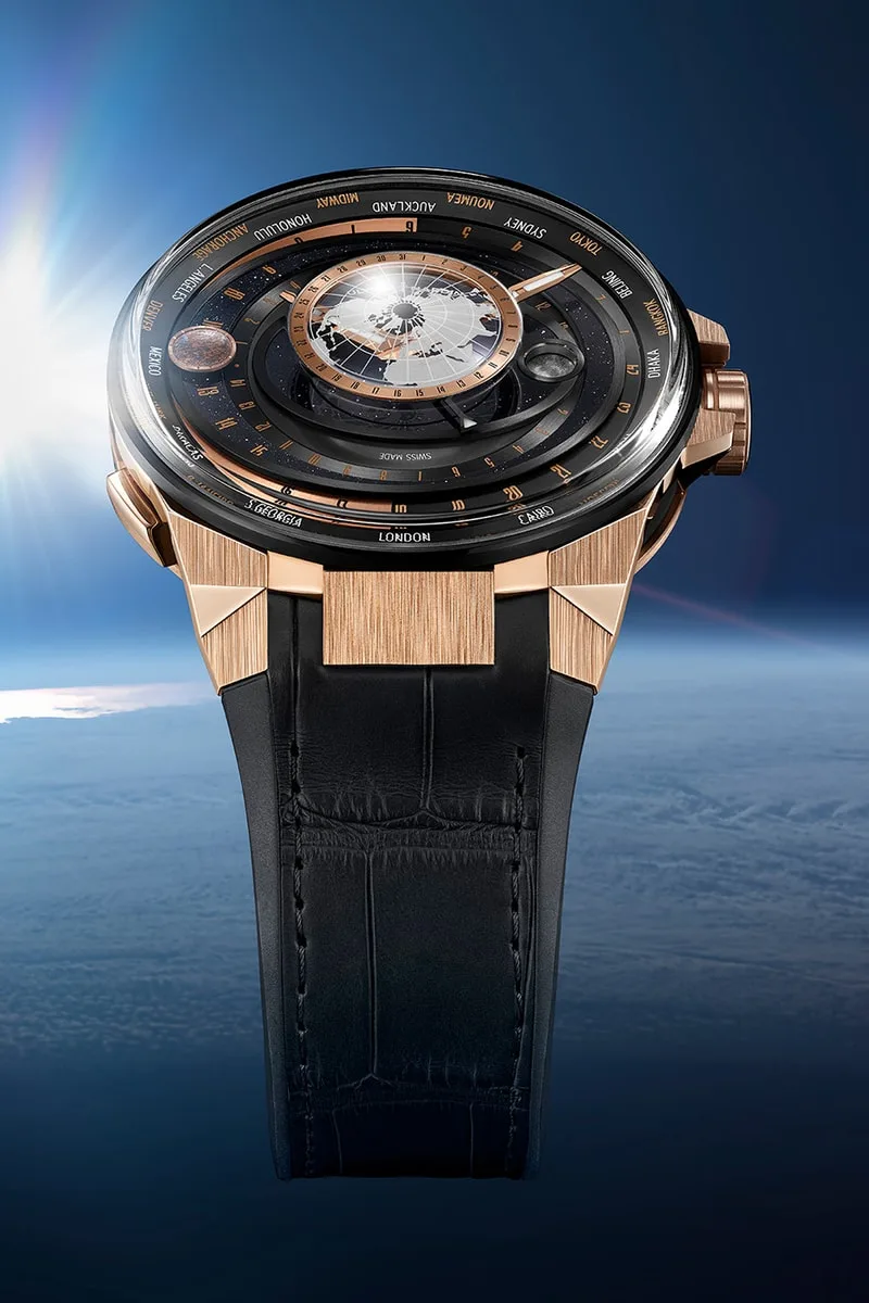 Montre luxueuse sur fond de vue terrestre, bracelet en cuir noir.