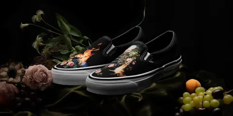 Chaussures noires avec motifs colorés sur fond sombre