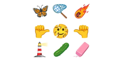 Papillon, filet, météorite, pouces, phare, concombre, gomme.