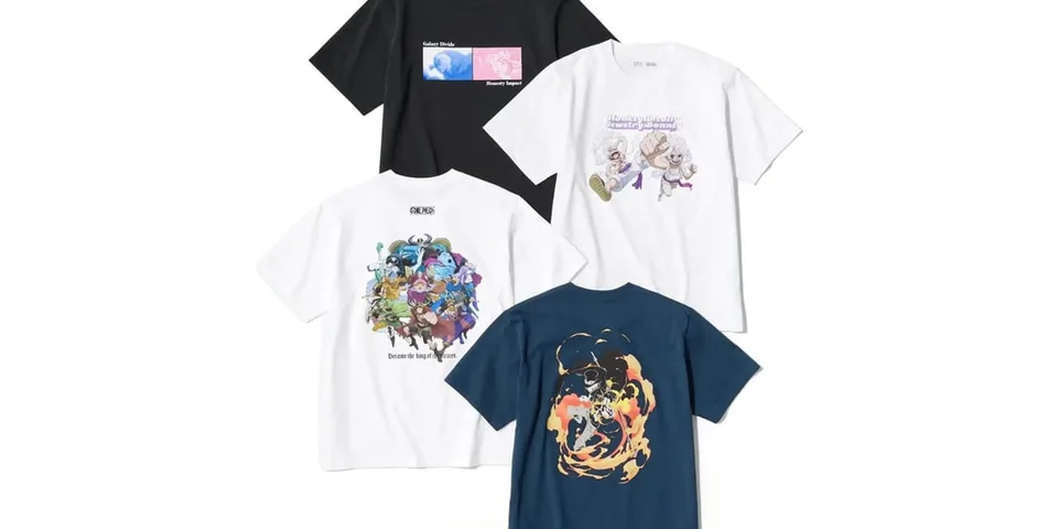 Quatre t-shirts avec des graphiques d'anime et de personnages.