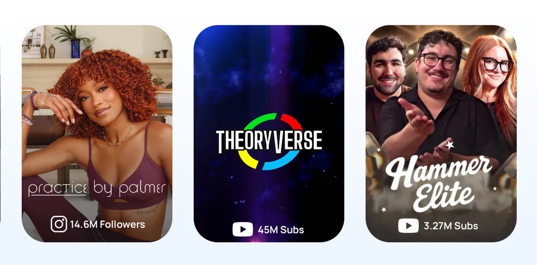 Trois cartes avec influenceurs et logos de médias sociaux YouTube et Instagram.