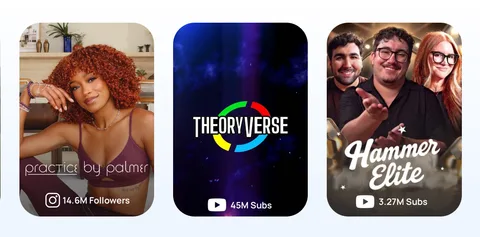 Trois cartes avec influenceurs et logos de médias sociaux YouTube et Instagram.