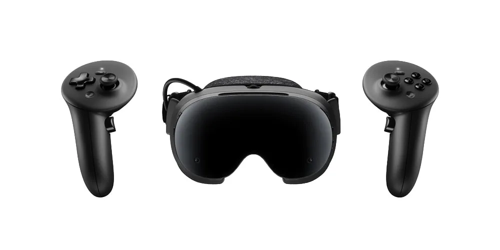 Casque de réalité virtuelle noir avec manettes.