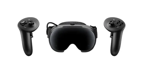 Casque de réalité virtuelle noir avec manettes.