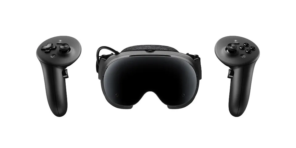 Casque de réalité virtuelle noir avec manettes.