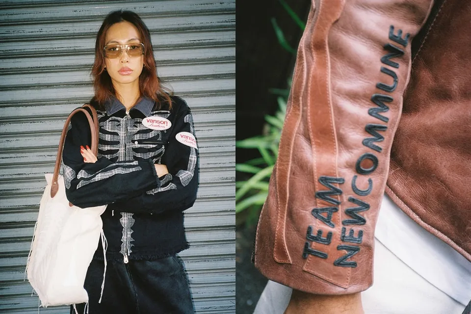 Personne portant une veste avec des lettres et lunettes de soleil.