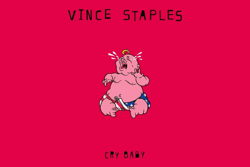 Illustration d'un bébé pleurant sur fond rouge avec texte 'Vince Staples' et 'Cry Baby'.
