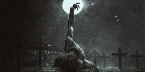 Personnage hurlant, bras tendu vers la lune, atmosphère sombre, tombes visibles.