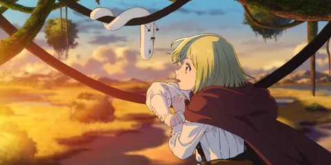 Personnage anime observant une créature suspendue à un arbre au coucher du soleil.