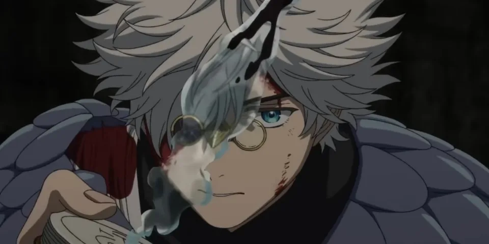 Personnage avec cheveux blancs et monocle verse liquide d'une gourde.