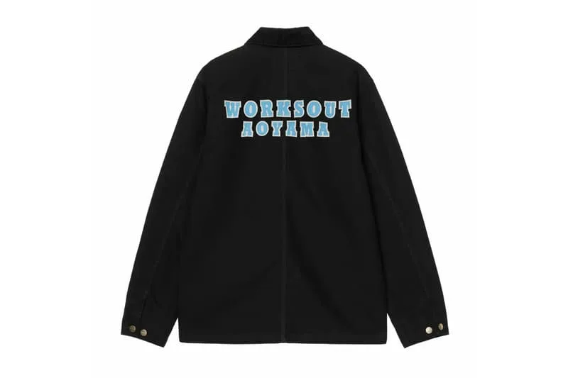 Veste noire avec texte 'WORKSOUT AOYAMA' en bleu sur le dos.