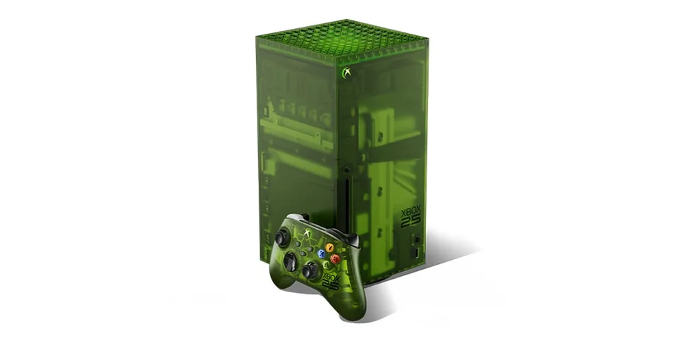 Console et manette vertes Xbox avec design transparent.
