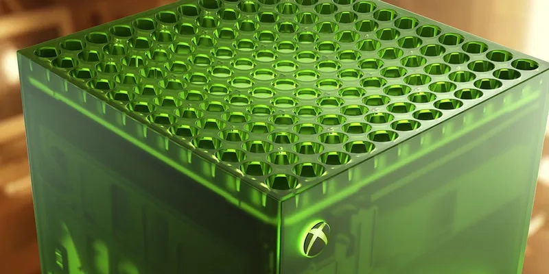 Gros plan d'une console de jeu verte avec trous circulaires sur le dessus.