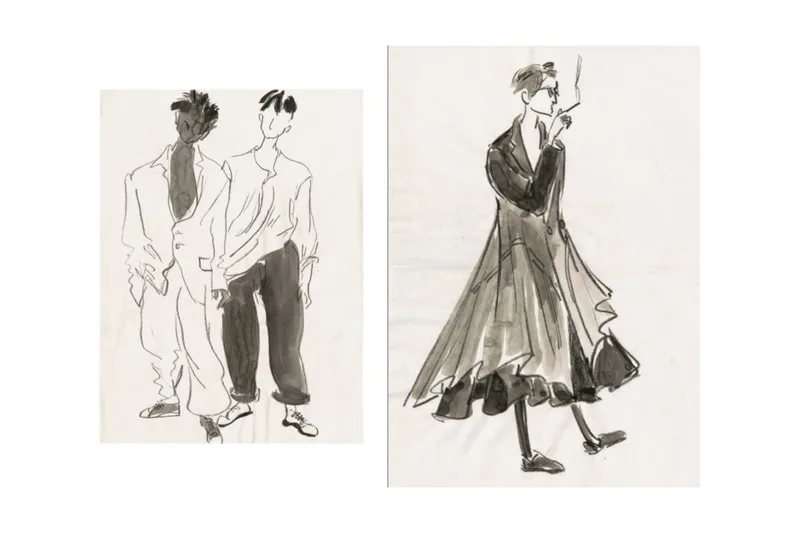 Croquis de mode en noir et blanc avec deux silhouettes à gauche et une à droite