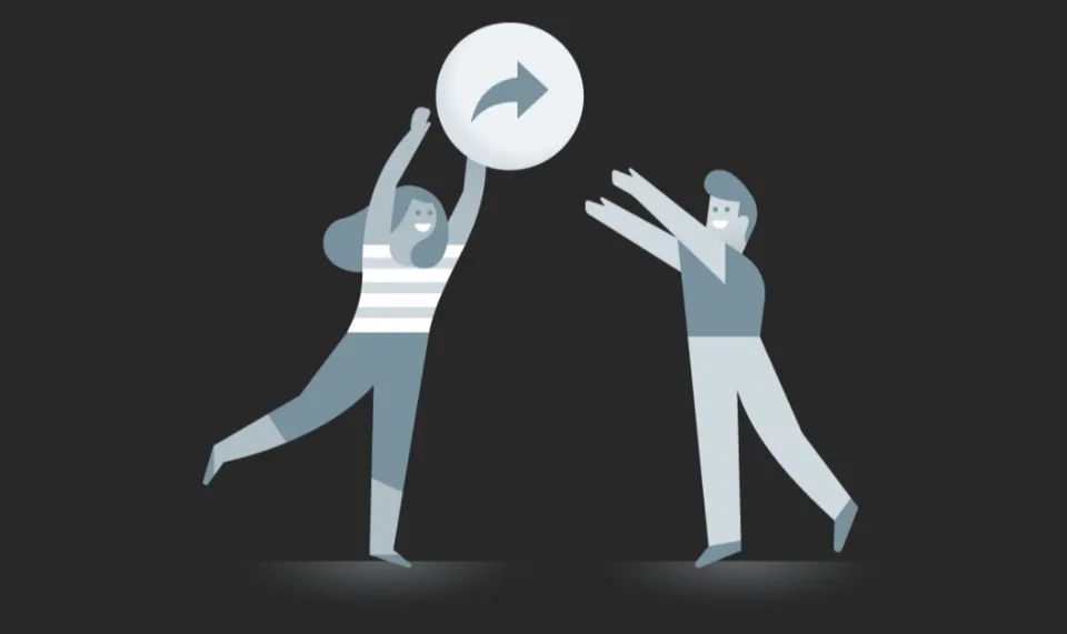 Personnes se passant un symbole de partage, style illustration.