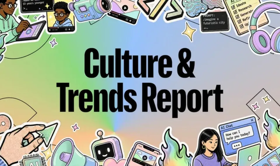 Illustration colorée sur la culture et les tendances numériques, avec gadgets et personnages.