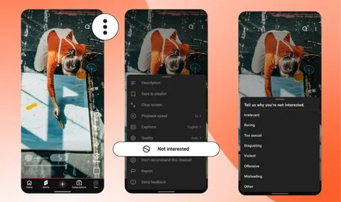 Interface utilisateur avec options de non intérêt pour une vidéo.