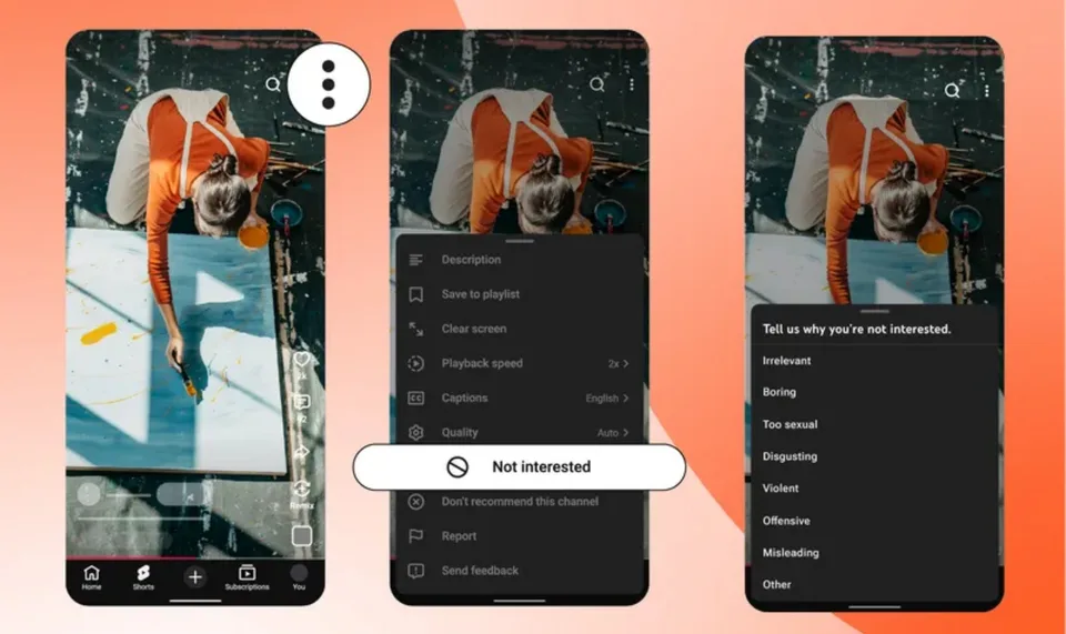 Interface utilisateur avec options de non intérêt pour une vidéo.